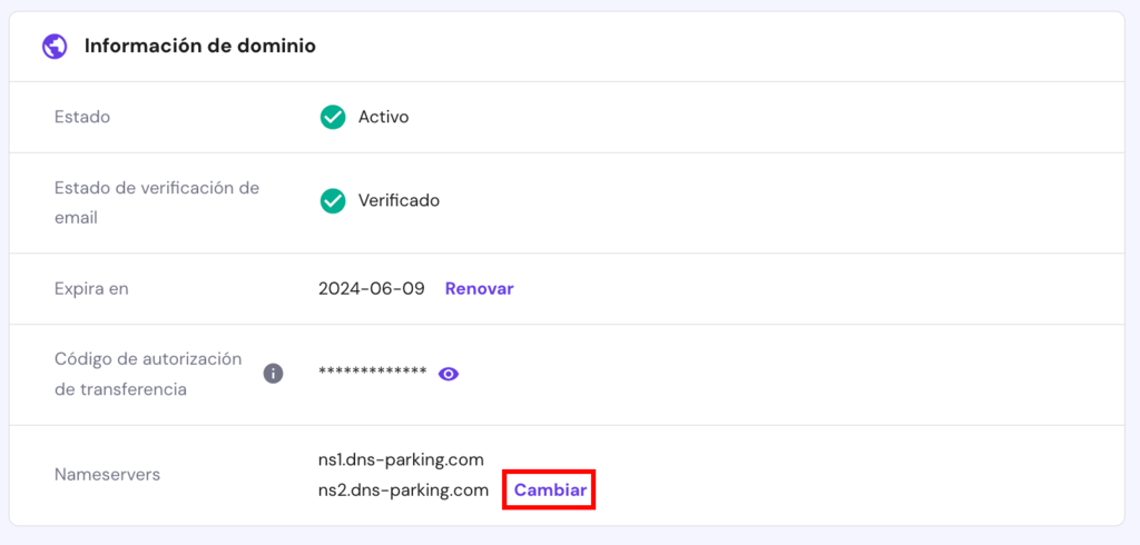 Página de dominios en hPanel con información de un dominio