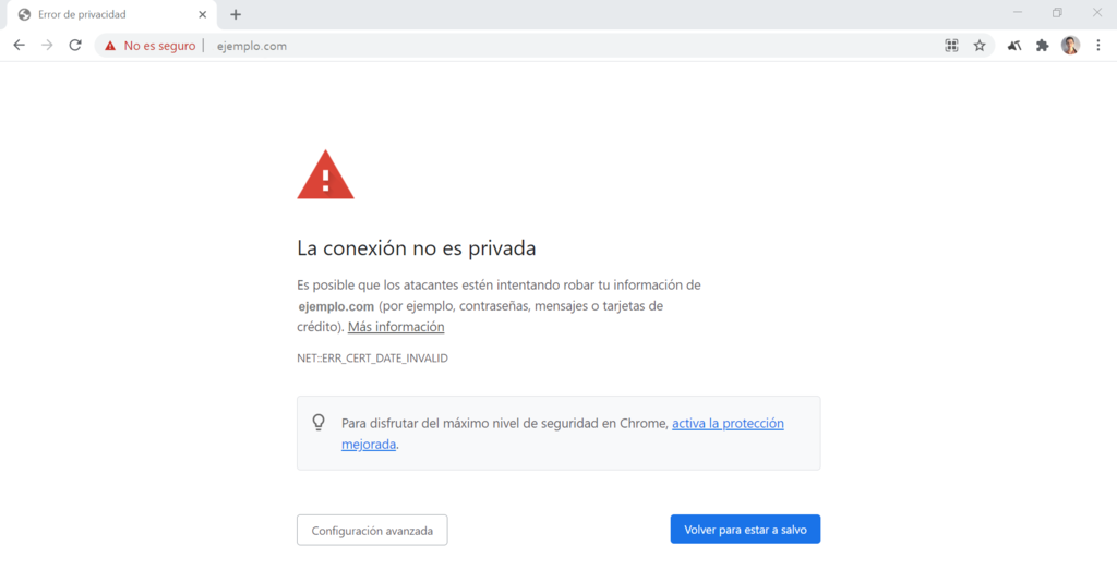 Captura de pantalla del error "La conexión no es privada" en Google Chrome