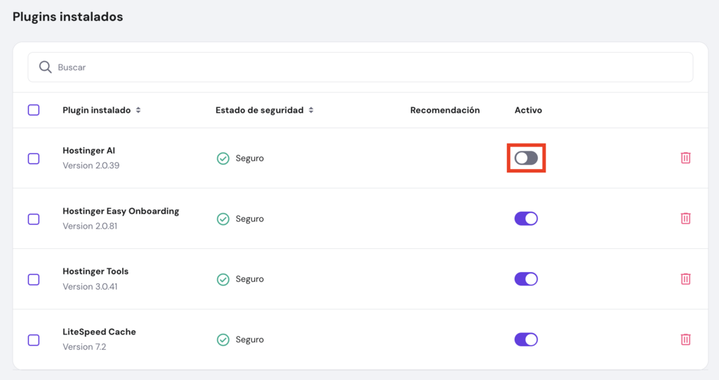 Plugins instalados en WordPress desde hPanel