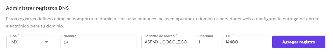 Agregar registros MX en la sección de Administrar registros DNS