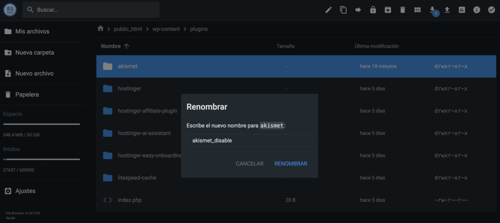 Renombrar archivo en hPanel
