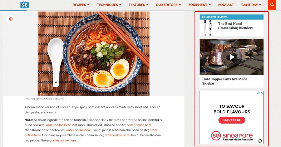 Varios widgets en la barra lateral de Serious Eats
