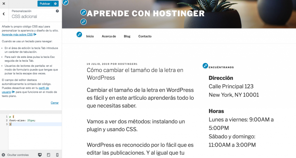 Cambio del tamaño de fuente del párrafo usando CSS adicional