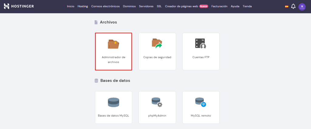 Administrador de archivos en el hPanel de Hostinger