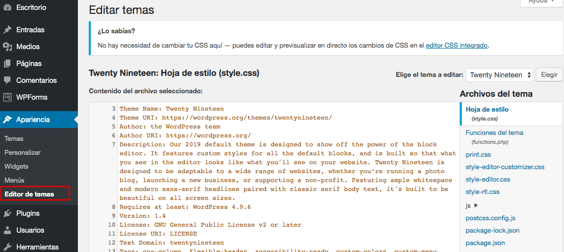 interfaz de editor de plantillas de wordpress