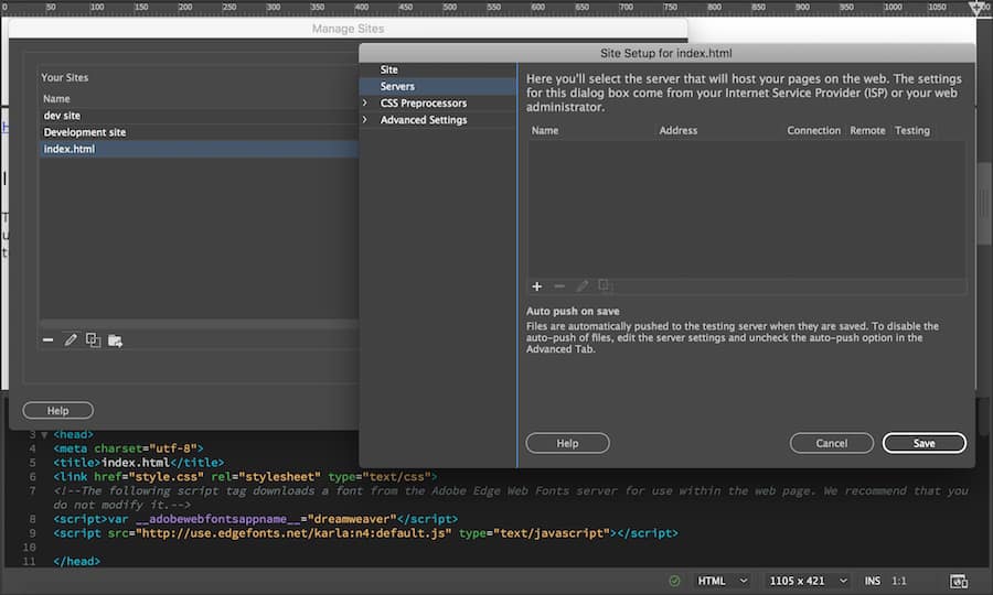 Ventana de administración de sitio en Dreamweaver