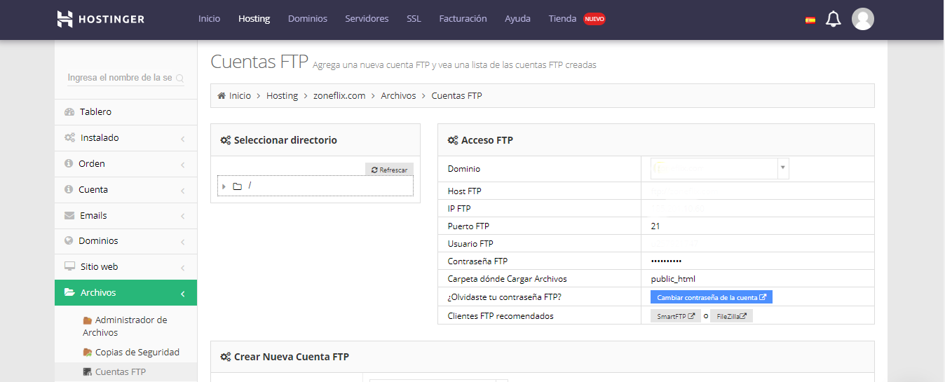 Detalles de la cuenta de ftp de Hostinger en el panel de control