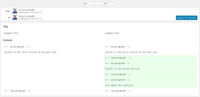 Comparación de revisiones no secuenciales wordpress