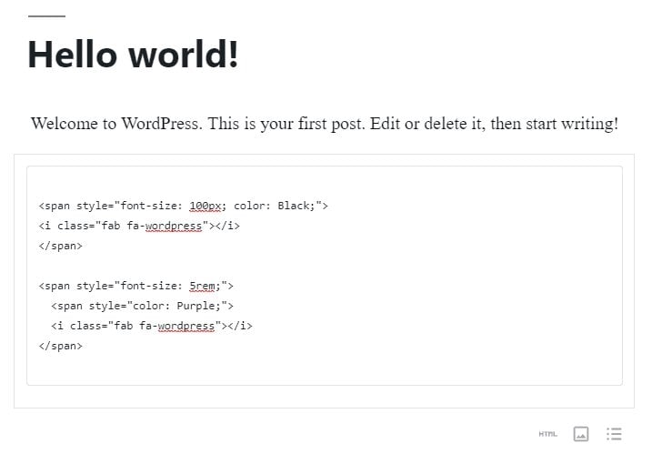 Ejemplo de fragmentos de HTML para personalizar los iconos de color y tamaño de Font Awesome