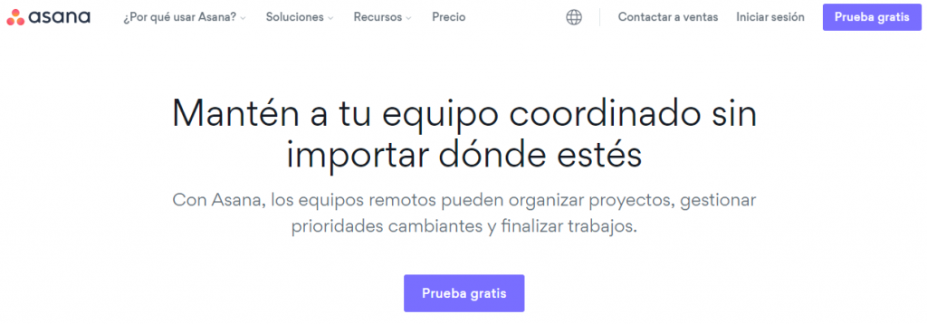 La página de inicio de Asana