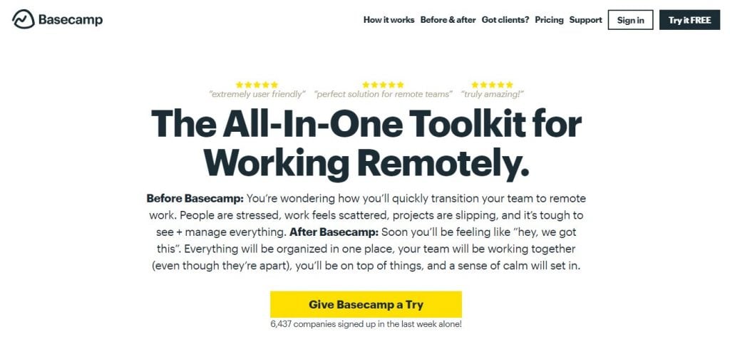 La página de inicio de Basecamp