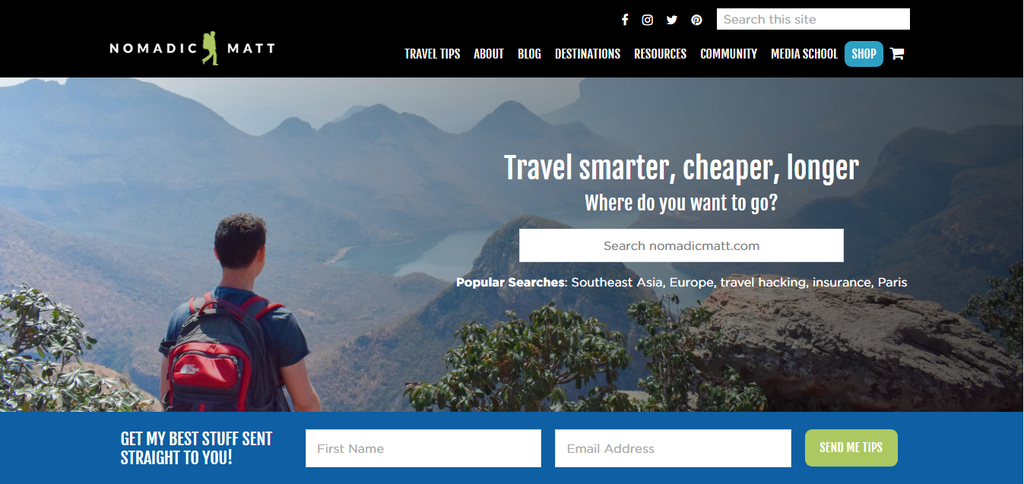 La página principal de Nomadic Matt