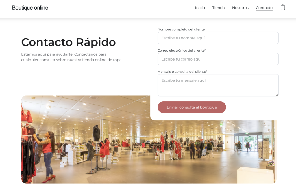 Ejemplo de página de contacto de tienda de ropa online