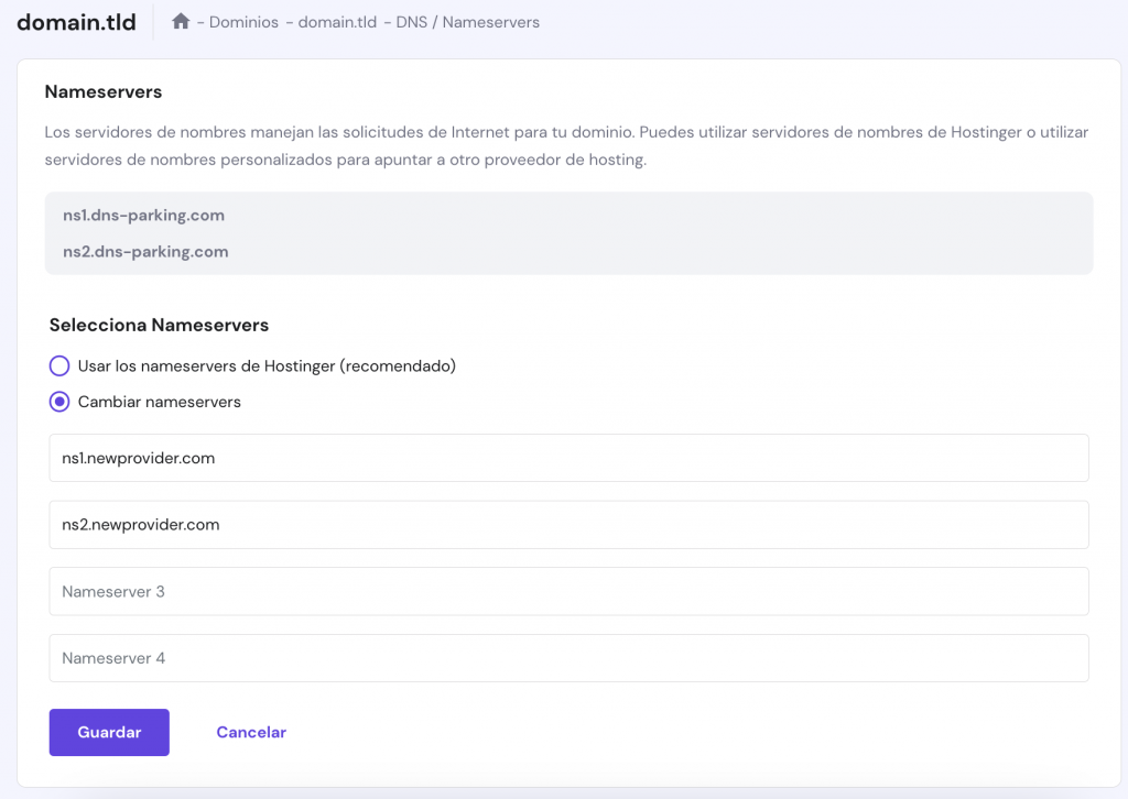 La sección DNS/Nameservers en hPanel. Se muestran los nuevos valores de los servidores de nombres
