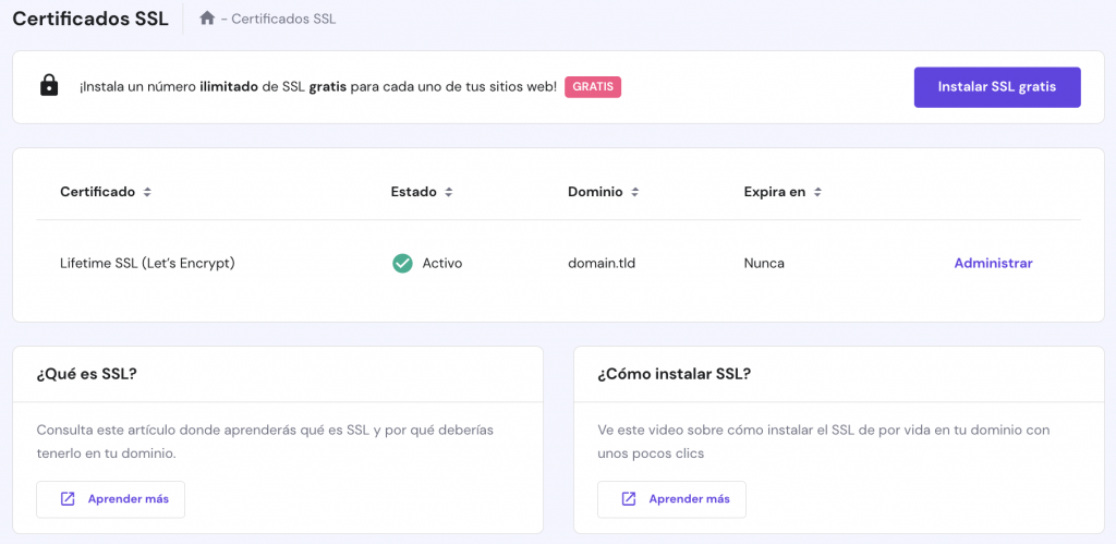 La página SSL en hPanel
