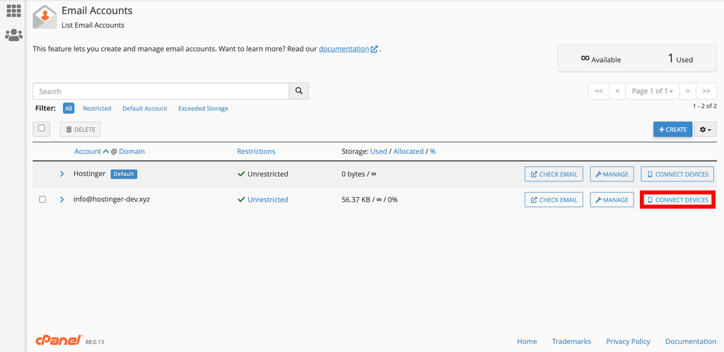 Ver la lista de cuentas de correo electrónico en cPanel.