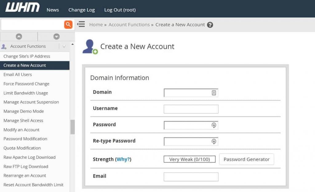La creación de una nueva cuenta de cPanel con WHM