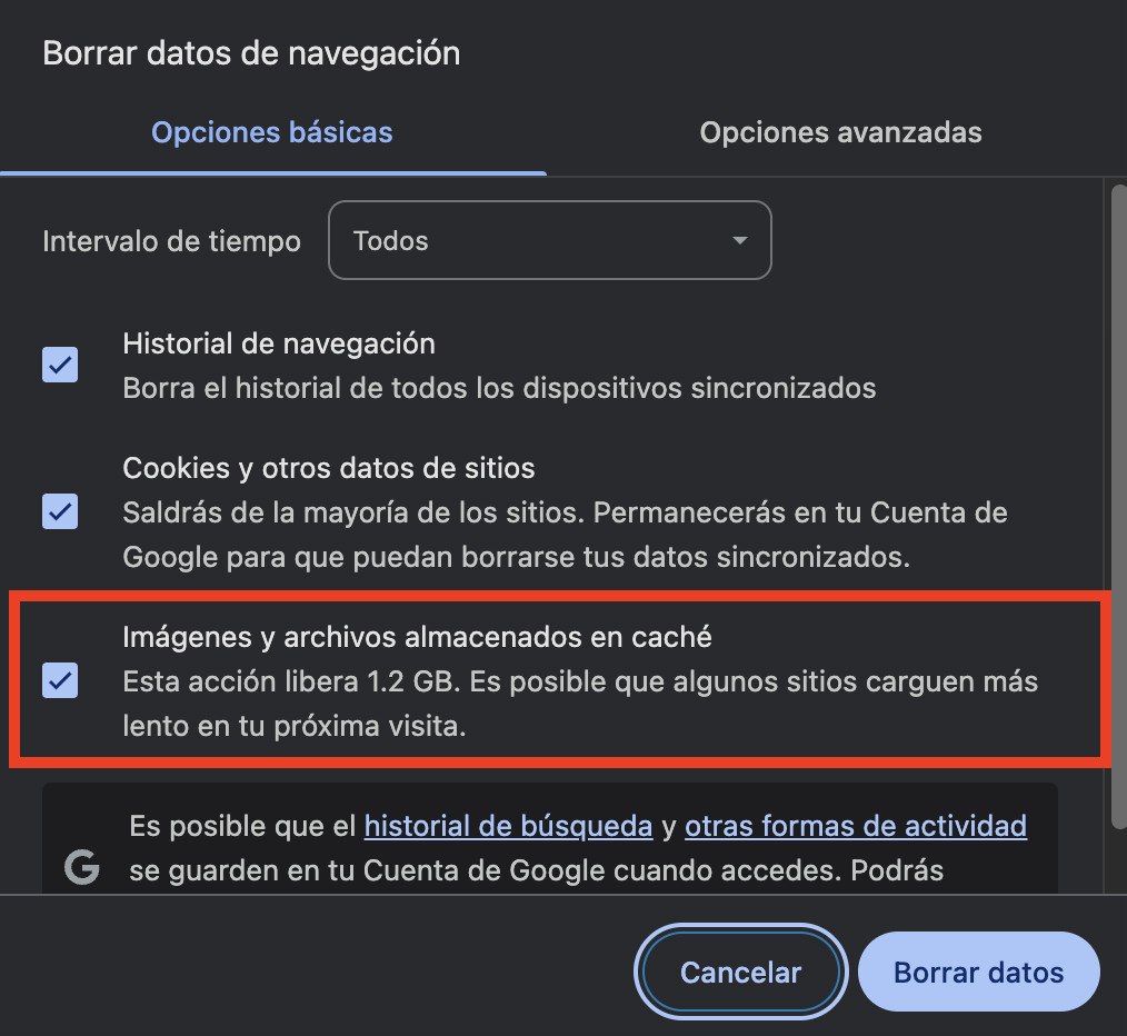 Borrar datos de navegación en Chrome