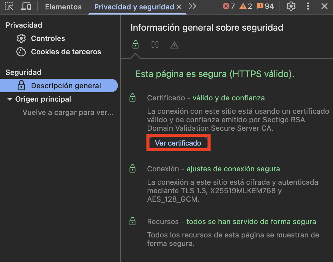 Ver certificado de seguridad en Google Chrome