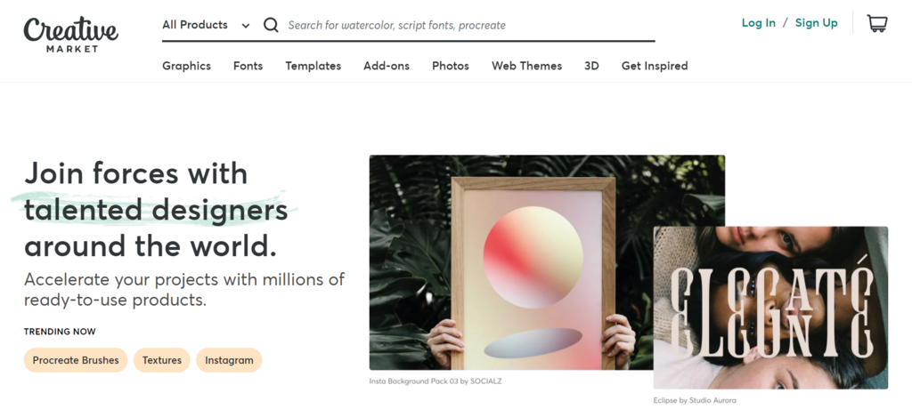 Página de inicio de Creative Market, un marketplace para pequeños negocios de creadores