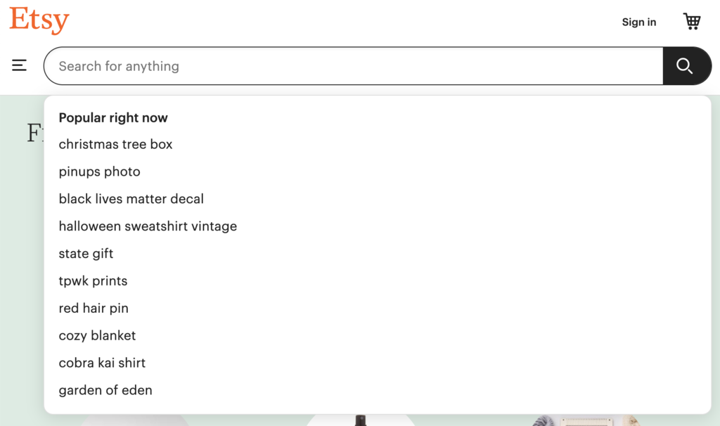 Términos populares en el buscador de Etsy
