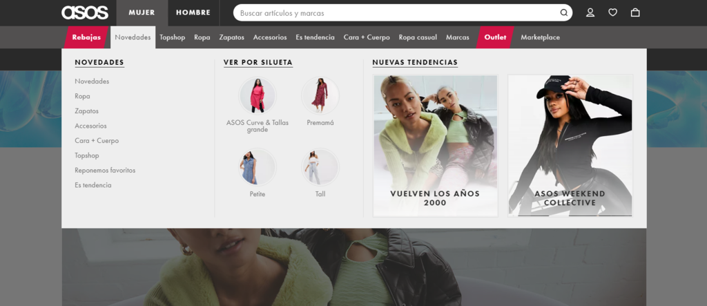 Ejemplo de mega menú en el sitio web de ASOS
