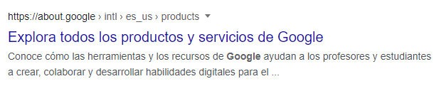 Ejemplo de resultado en la página del motor de búsqueda Google