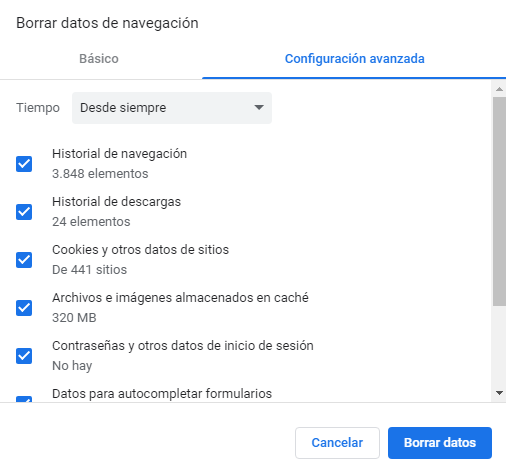 Borrar datos de navegación en Chrome desde siempre