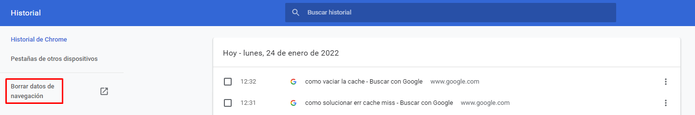 Borrar datos de navegación en Chrome