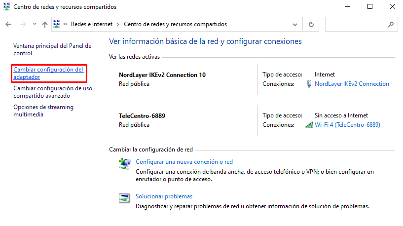 Cambiar configuración del adaptador en Windows