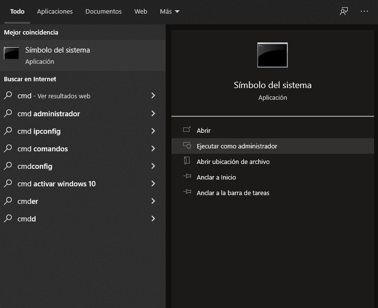 Ejecutar como administrador el símbolo del sistema de Windows