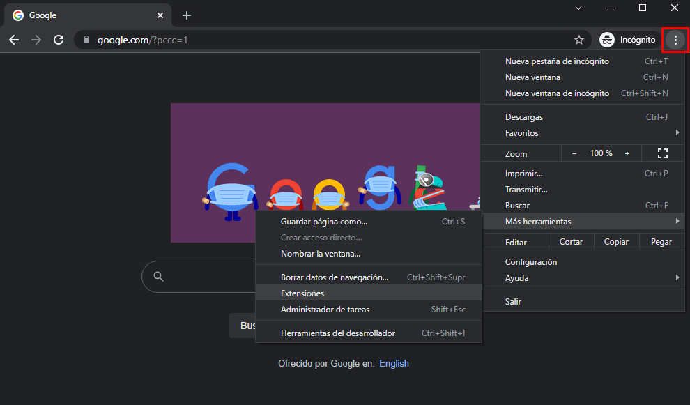 Extensiones en el menú de Chrome