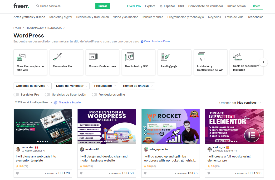 Sección Programación y tecnología en Fiverr.