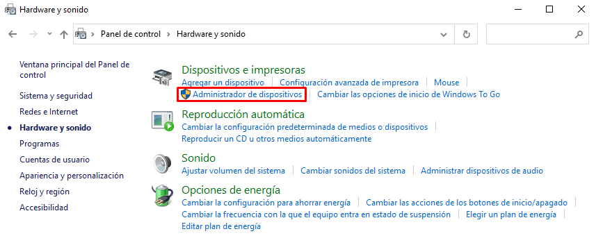 Administrador de dispositivos en Hardware y sonido de Windows