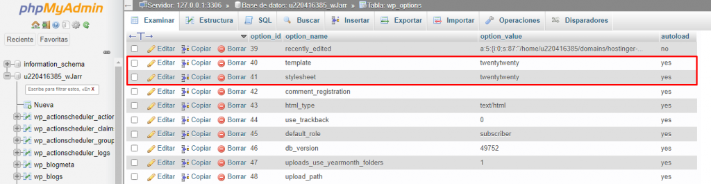 La tabla wp_options de la base de datos de WordPress. Las filas de hojas de estilo y plantillas están resaltadas