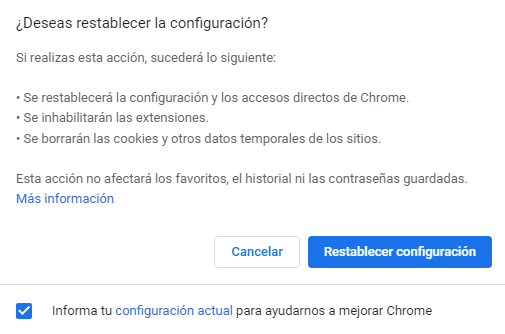 Restablecer configuración en Chrome