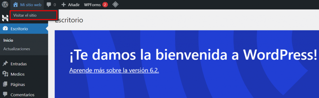 Pnael de control de WordPress