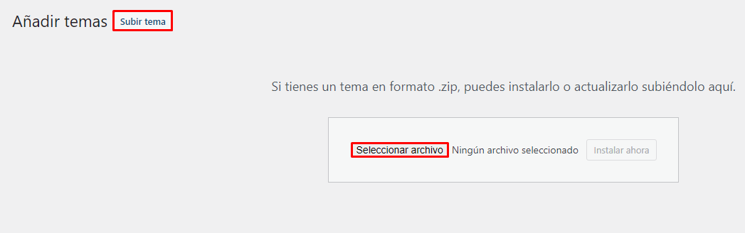Seleccionar archivo para subir tema en WordPress