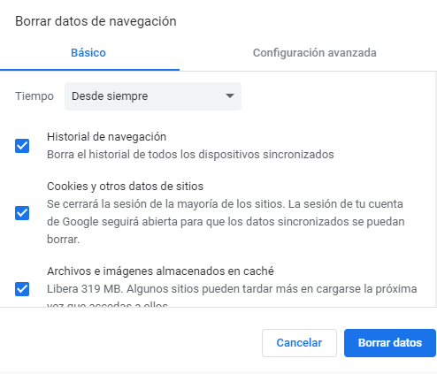 Borrar datos de navegación en Chrome