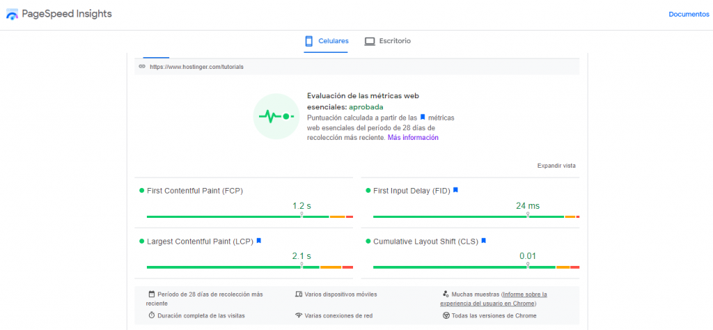 Visualización del informe de ejemplo en PageSpeed Insights