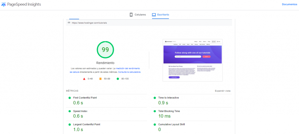 Detalle de las métricas en PageSpeed