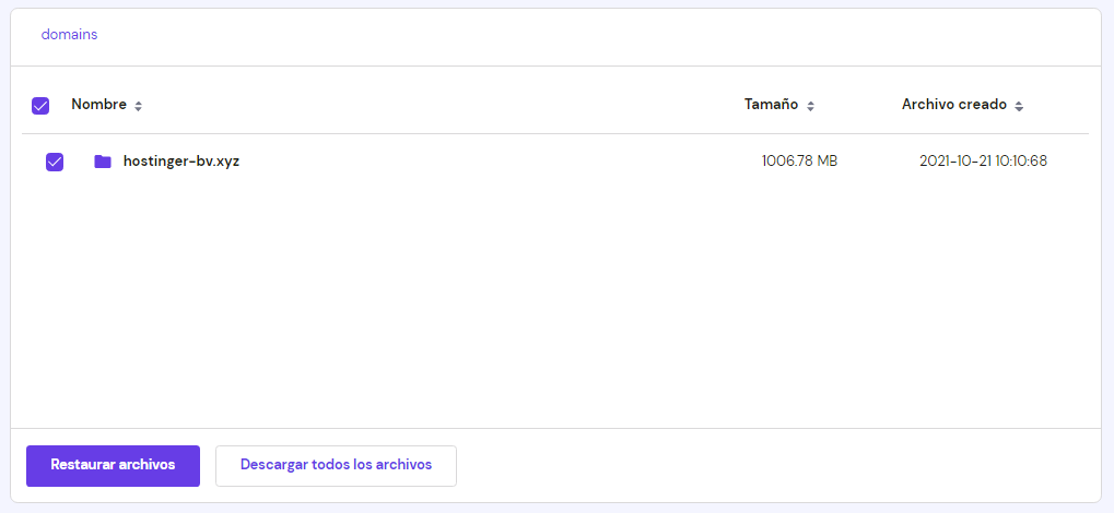Ventana para seleccionar los archivos a restaurar