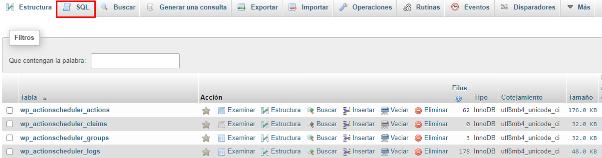 Sección SQL en PHPMyAdmin