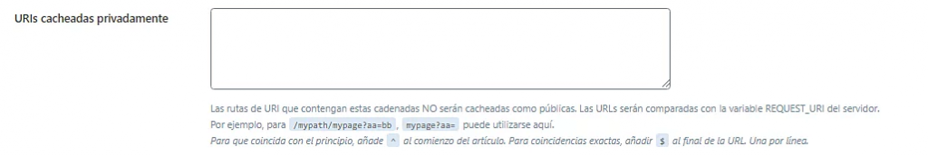 Página de configuración de Caché de LiteSpeed, sección URIs cacheadas privadamente