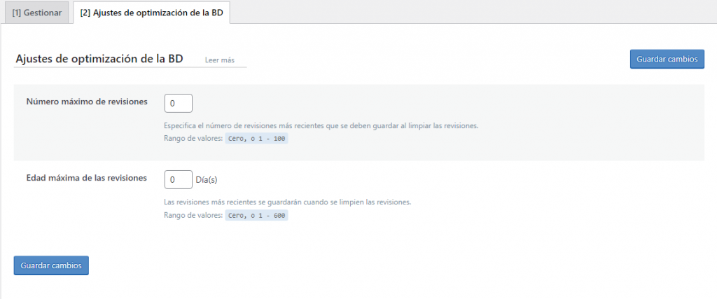 Sección Ajustes de optimización de la base de datos