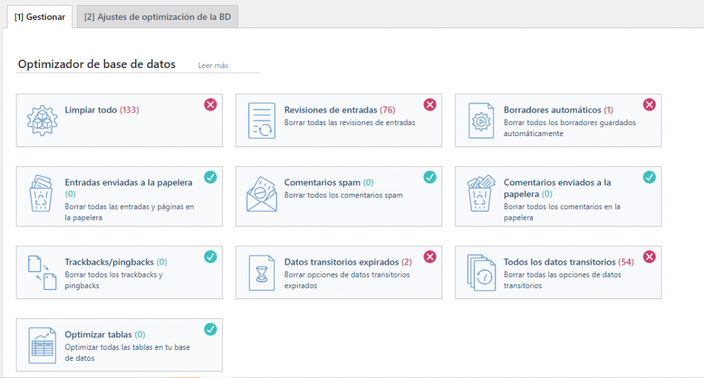 Sección Optimizador de base de datos