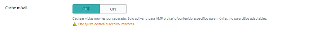 Página de configuración de Caché de LiteSpeed, sección Caché móvil