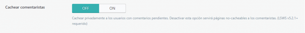 Página de configuración de Caché de LiteSpeed, sección Cachear comentaristas