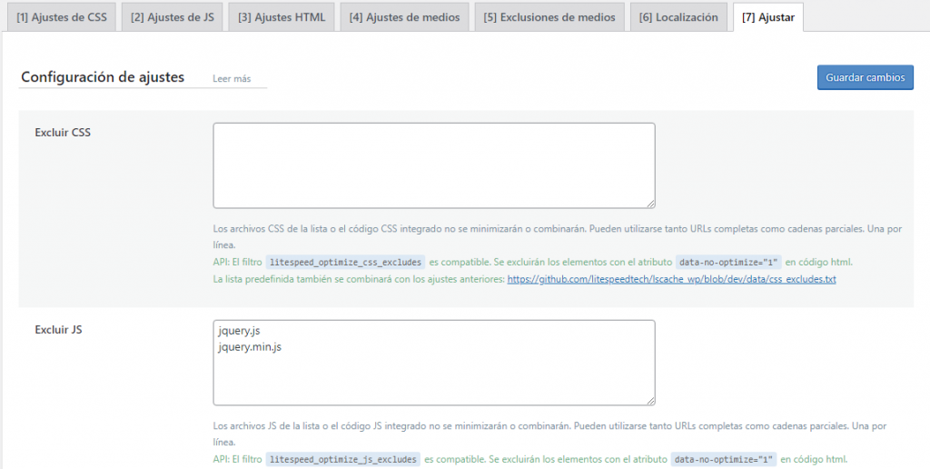 Página de configuración de ajustes