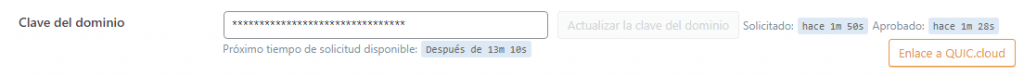 Enlace a Quic.cloud luego de la obtención de la clave de dominio